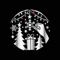 christmas tree and snowflakes in a circle on black background vector