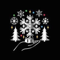 a hand holding a snowflake and a tree on a black background vector