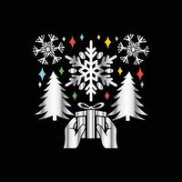 a black background with a snowflake, tree and a gift vector