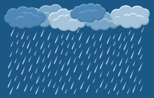 Heavy rain cartoon illustration. Dark stormy clouds and waterdrops on dark background.