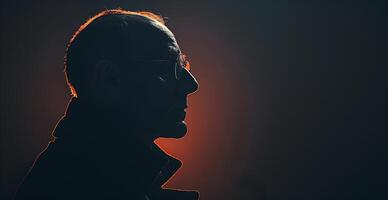 A man with glasses and a beard is standing in front of a dark background photo