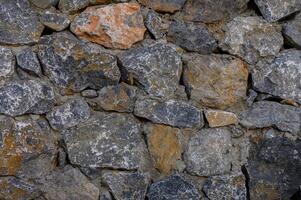 Rustic stone wall showcasing textured surfaces and varied hues in an outdoor setting photo
