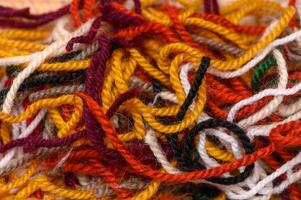Detailed macro of multicolored yarn threads arranged for knitting. Great for crafting themes, DIY visuals, and textile blogs. photo