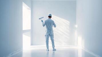 A painter transforms a bright room while sunlight streams through large windows during a serene morning photo