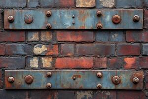 Rusty metal plates and colorful bricks create a unique urban texture. photo