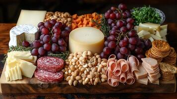 Exquisite cheese and charcuterie platter showcased with fresh fruits and nuts at a rustic gathering. photo