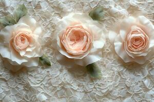 Soft silk roses arranged elegantly on delicate lace fabric for a romantic display. photo