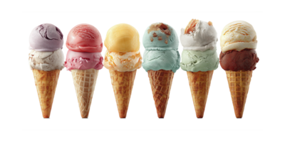 Set of Different Ice Cream Scoops on Waffle Cones. Isolated on Transparent Background png
