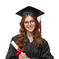 Smiling Graduate in Cap and Gown Holding Diploma with Red Ribbon, Isolated on Transparent Background png