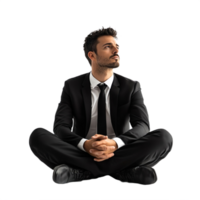 A man in a suit sitting on the floor isolated on transparent background png