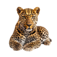 A leopard lying down looking at the camera isolated on transparent background png
