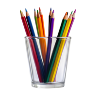 A glass cup with pens and pencils isolated on transparent background png