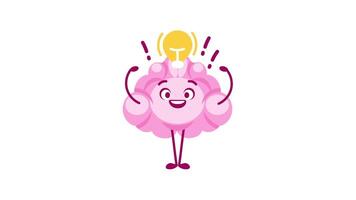 Brain character having an idea with light bulb on white and green screen background video