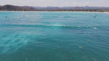 Aerial view of surfers paddling in turquoise waters near Lombok, Indonesia video