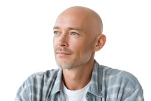 Portrait of a bald middle-aged man with a hopeful expression, looking towards the future with positivity, isolated on a transparent background png