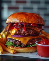 Juicy double cheeseburger stacked high with crispy bacon and served with golden fries. photo