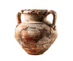 Ancient ceramic jug with handles from archaeological discovery site png