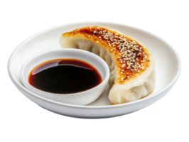 Tasty dumpling served with soy sauce for a culinary experience png