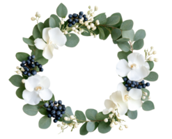 Elegant floral wreath with eucalyptus and white orchids for decoration png