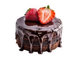 Decadent chocolate cake topped with fresh strawberries for dessert png
