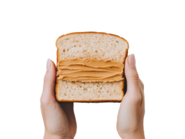 Peanut butter sandwich held by hands with soft bread texture png