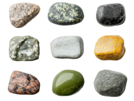 Variety of natural stones arranged in a grid pattern for design use png