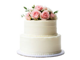 Elegant two-tier wedding cake adorned with pink roses and greenery png
