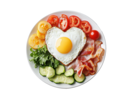 Heart-shaped breakfast with egg, bacon, and fresh vegetables png