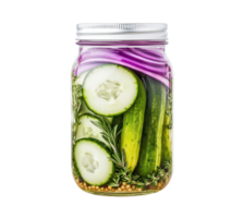 Homemade pickles with fresh cucumbers and spices in a jar png