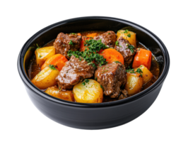 Savory beef stew with root vegetables in a black bowl png