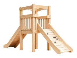 Wooden playground structure with slides for children playtime fun png