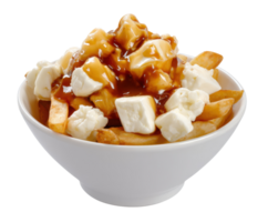 Delicious poutine with fries, gravy, and cheese curds served in a bowl png