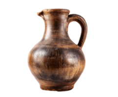 Traditional clay jug with a curved handle and unique texture png