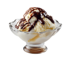 Vanilla sundae with chocolate sauce and whipped cream png