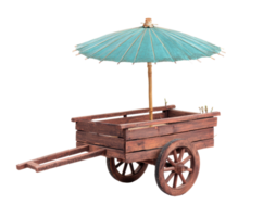 Wooden cart with umbrella for garden display and vintage decor png