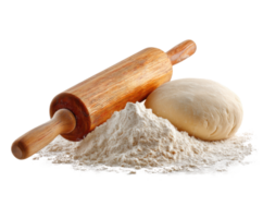 Baking essentials for making dough with rolling pin and flour png