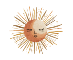 Warm sun with face and radiant golden rays for design use png