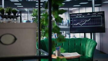 Clean empty office setup with modern furniture emphasizing preparation for a business conference, lighting, table and structured layout supporting professional workplace standards. Office life. video