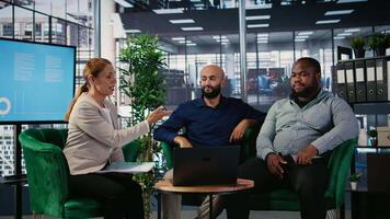 Diverse business professionals engaged in a call global meeting, using online communication and technology to support a partnership and professional development. Camera A. video