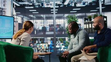 Corporate call featuring teamwork among diverse business associates, using online web communication for decision making and collaboration. Strategic planning for growth. Camera A. video