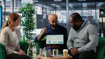 Executive business group in formal office focused on strategic planning, decision making and performance analysis for growth. Supporting leadership goals across multicultural workforce. Camera B. video