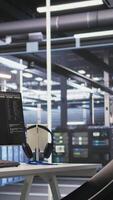 Vertical Data center PC screens displays monitoring backend infrastructure performance used in AI model development and automation workloads. Workstation monitors overseeing server hardware video