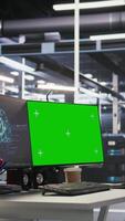 Vertical Server farm mockup computer used for visualizing artificial intelligence workloads and overseeing equipment. Isolated screen PC supporting machine learning systems, simulated computing tasks video