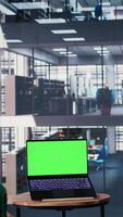 Vertical Empowered business CEOs discussing financial strategy with green screen and planning a global partnership between their corporations. Diverse leadership skills and work environment. Camera A. video
