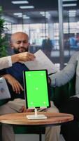 Vertical Confident CEOs group planning business development with isolated screen, analyzing performance and implementing decisions through structured analysis and leadership skills. Camera A. video