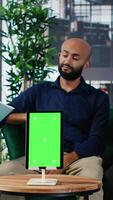 Vertical Confident CEOs group planning business development with isolated screen, analyzing performance and implementing decisions through structured analysis and leadership skills. Camera B. video