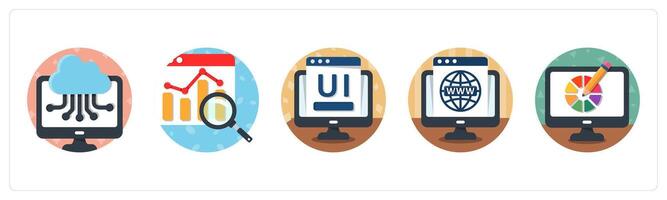 A set of 5 mix icons as cloud computing, search analytics, user interface vector