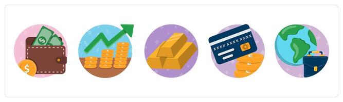 A set of 5 mix icons as wallet, financial growth, gold bricks vector