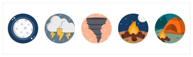 A set of 5 mix icons as moon, thunderstorn, hurricane vector