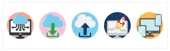 A set of 5 mix icons as cloud computing, cloud download backup, cloud upload backup vector